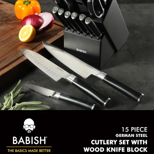 Miniatura 2 de Babish - Juego de cubertería de acero alemán de alto carbono 1.4116, 15 piezas, forjado de espiga completa, con bloque de cocina - Negro Hoja