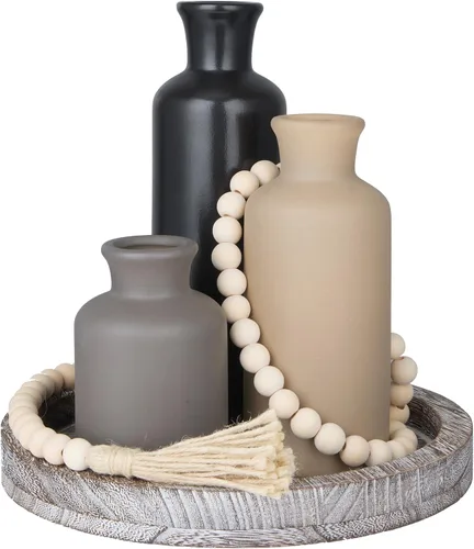Miniatura 18 de Juego de 5 piezas de centros de mesa rústicos de mesa, juego de 3 jarrones de cerámica boho con bandeja de madera para servir cuentas de madera