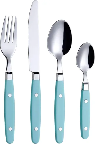 Miniatura 23 de Set de cubiertos Annova, juego retro/remachado de vajilla de acero inoxidable colorida para mesa y cocina, incluye cuchillos de cena, tenedores