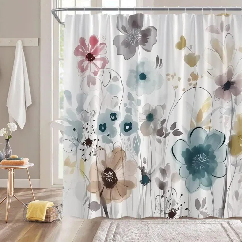 Cortina de ducha floral azul gris acuarela flor rústico bohemio plantas botánicas flores silvestres casa de campo tela decoración de baño cortina de