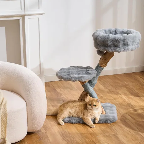 Miniatura 9 de Árbol para gatos de madera natural para gatos adultos de interior, torre de gatos moderna de 33 pulgadas con cama de felpa súper suave y percha