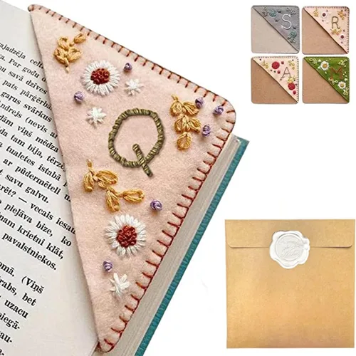 Miniatura 8 de Marcapáginas de esquina bordado a mano personalizado, 26 letras con costura a mano de fieltro, marcapáginas de esquina con bordado de flores lindo
