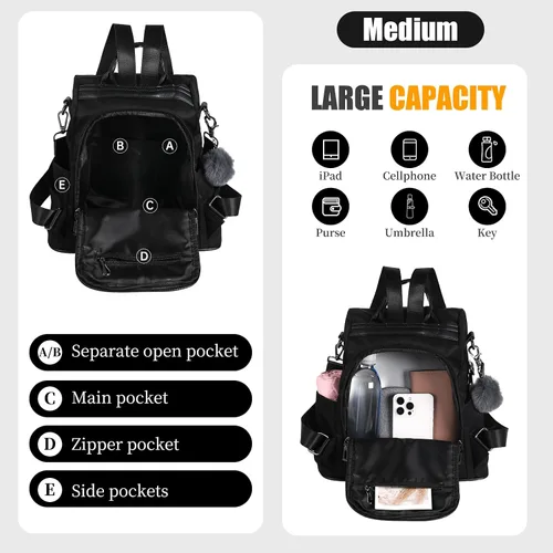 Miniatura 3 de Mochila impermeable liviana de nailon antirrobo para mujer, Negro, M