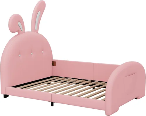 Miniatura 8 de Cama de princesa tapizada en forma de conejo de tamaño individual, moderna y bonita cama de plataforma de piel sintética con cabecero y estribo