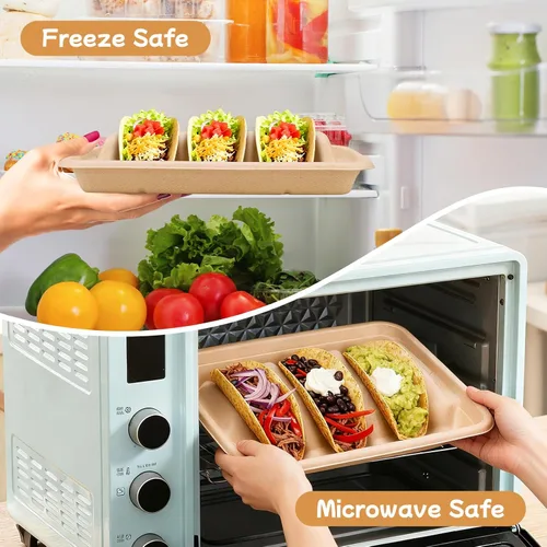 Miniatura 5 de 24 soportes desechables para tacos con 100 forros y 100 guantes, platos de tacos de fibra natural resistentes, bandejas de tacos de 3 compartimentos