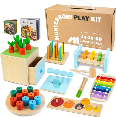 WOODMAM Juguetes Montessori de madera para niños de 1 año en adelante, 9 en 1, juguetes educativos de aprendizaje para niños pequeños con caja