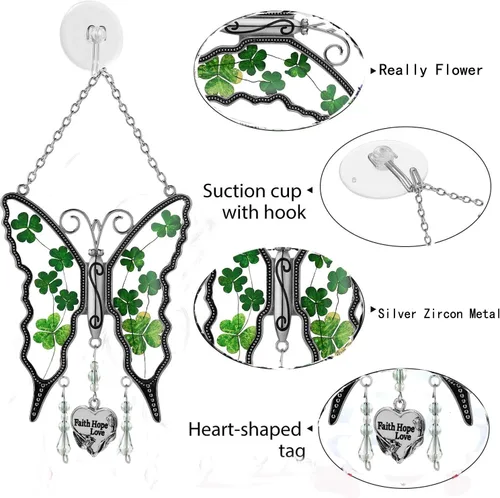 Miniatura 8 de KY&BOSAM Trébol mariposa atrapasoles Faith Hope Love Irish Catcher para ventana, adorno colgante celta, carillón de viento, alas de flores reales