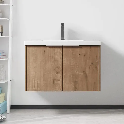 Miniatura 11 de Juego de tocador de baño flotante de 22 pulgadas con lavabo, moderno tocador de baño montado en la pared con lavabo de cerámica y puerta de cierre