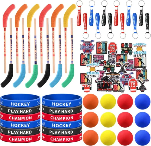 Hungdao 98 piezas de recuerdos de fiesta de hockey incluyen 12 lápices de hockey sobre hielo con borrador, 12 bolas de rodilla de espuma, 12