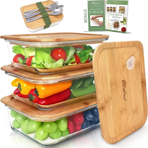 Miniatura 9 de EcoPreps Recipientes de vidrio para preparar comida con tapas de bambú (paquete de 3) - 100% libres de plástico, contenedores de almuerzo