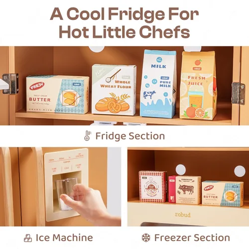 Miniatura 5 de ROBUD Cocina de Juguete de Madera Refrigerador, Refrigerador de Cocina de Juguete, Juego de Refrigerador Congelador para Niños con Máquina de Hielo