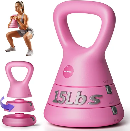 Miniatura 9 de EAST MOUNT Juego de pesas rusas ajustables de 15 libras, juego de pesas 3 en 1 (5/9/15 libras), mango triangular más ancho, diseño apto