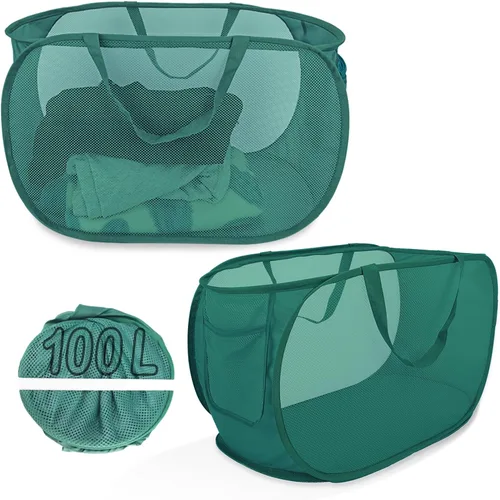 Miniatura 9 de Cesta de lavandería desplegable de malla extra grande de 100 litros con tapa y asas, paquete de 2, cesta de ropa sucia plegable XL