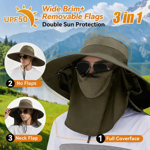 Miniatura 2 de Sombrero de pesca de ala súper ancha UPF 50+, sombrero de safari solar con solapa extraíble para el cuello