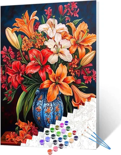 Miniatura 19 de Tucocoo Pintura por números con flores de lirio azul en una jarra de vidrio DIY en lienzo con pinceles, pinturas acrílicas, pintura de grafiti por