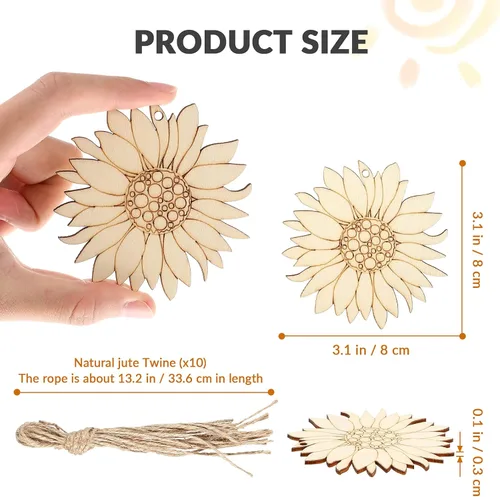 Miniatura 6 de 10 piezas de madera sin terminar con forma de girasol, piezas de discos de rebanadas para manualidades, decoración de primavera