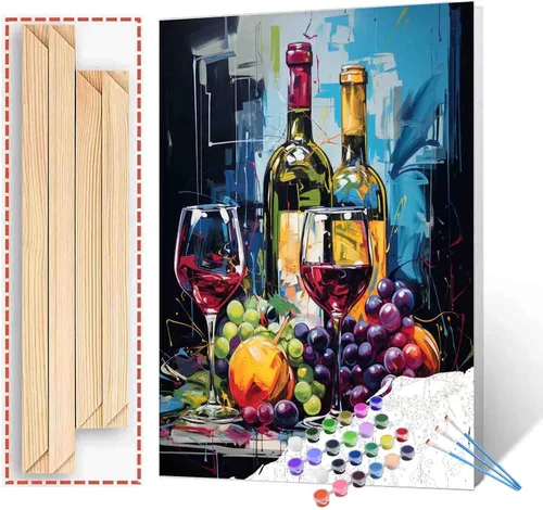 Pintura de fiesta de vino tinto por números para adultos principiantes, vino vintage en vidrio, pintura por números, pintura acrílica, lienzo de