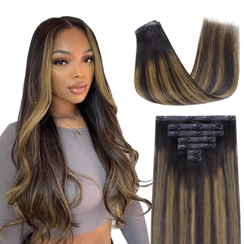 Miniatura 89 de Lashey - Extensiones de cabello con clip sin costuras, de cabello humano real, 7 unidades, 110 g, 14 pulgadas, color negro natural, lacio