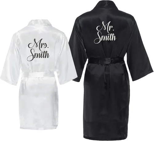 Elegante novia para él y ella de novia para parejas Set personalizado Mr. & Mrs. Satén de novia para novia & novio Aniversario o boda batas para