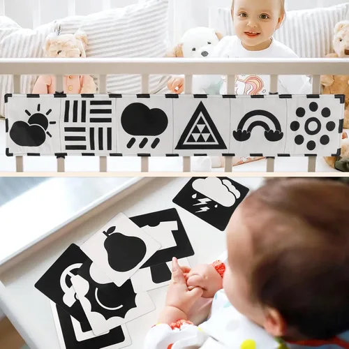 Miniatura 5 de Dreamon 32 juguetes sensoriales de alto contraste para bebés en blanco y negro, juguetes para recién nacidos con sonajero, libro suave y tarjetas