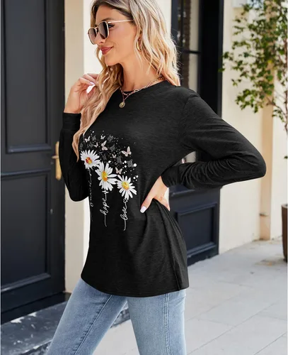 Miniatura 5 de Camiseta casual de manga larga para mujer, divertida, con estampado de girasol, abertura lateral, ajuste holgado