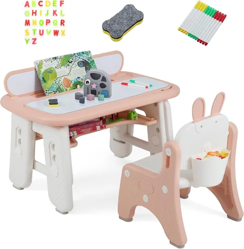 Miniatura 12 de Costzon Juego de mesa y 4 sillas para niños, escritorio y sillas para niños pequeños de altura ajustable con escritorio de graffiti, patas Verde