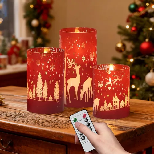 Miniatura 18 de Velas de Cristal sin Llama de Árbol de Navidad con Control Remoto Temporizador Operadas con Batería Cera Real Mecha 3D LED Parpadeantes Velas