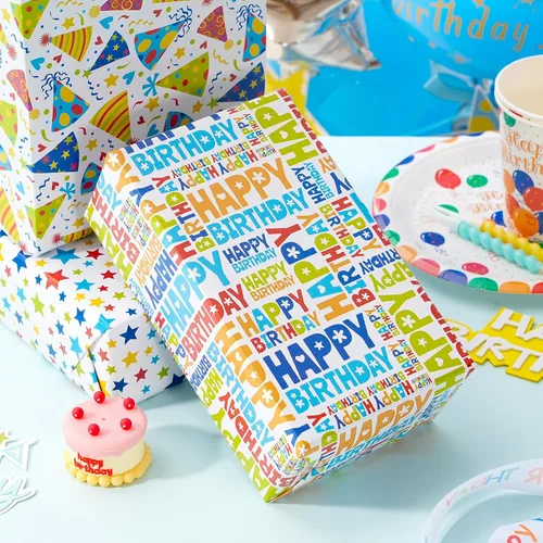 Miniatura 9 de Hojas de papel de regalo de cumpleaños, paquete de 8 envolturas de regalo para regalos de cumpleaños infantiles, 4 diseños coloridos con feliz