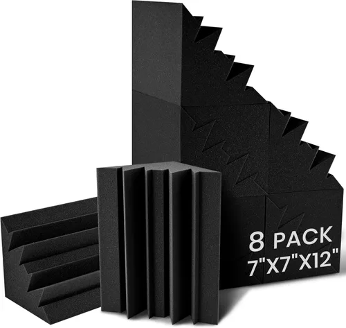 Focusound Paquete de 8 trampas de espuma acústica de esquina, 7 x 7 x 12 pulgadas, panel de absorción de sonido de baja frecuencia, espuma de