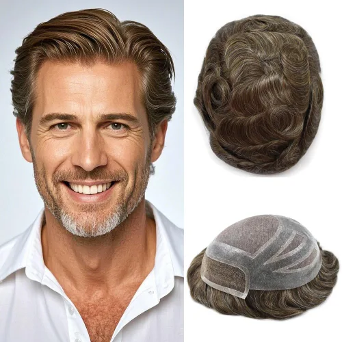 Miniatura 15 de Sistema de repuesto de piezas de cabello humano tipo tupé para hombre, transpirable, encaje francés, peluca para hombre, peluca de piel de #1B Negro