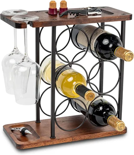 SASIDO Estantes de vino para encimera, soporte para vino y estante para vasos, soporte de madera para vino con bandeja, perfecto para decoración del