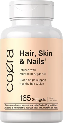 Coera Vitaminas para el cabello, la piel y las uñas con colágeno, biotina y aceite de argán marroquí | 165 cápsulas blandas | Suplemento sin OMG y