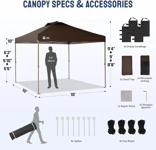Miniatura 5 de CROWN SHADES Gazebo - Toldo desplegable de 10 x 10 pies con mosquitera, tienda de campaña con 4 cuerdas, 8 estacas, 4 bolsas de arena y bolsa de Café