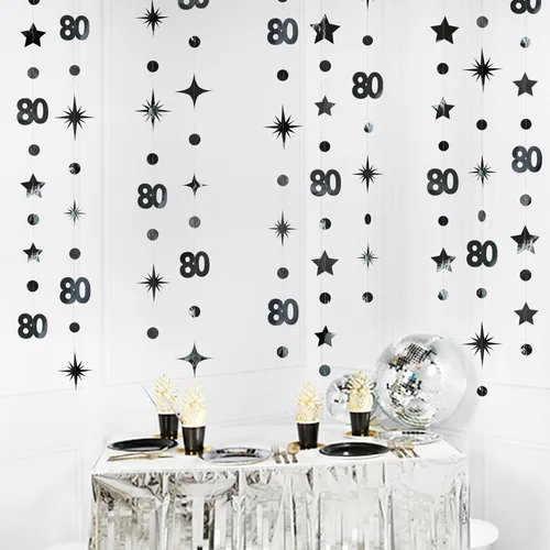 Miniatura 5 de Decoraciones negras de cumpleaños número 80, guirnalda de estrellas centelleantes con número 80, telón de fondo metálico para mujeres, hombres