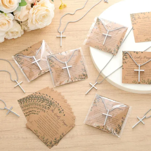 Miniatura 4 de Ecation Juego de 24 collares de cruz de Pascua a granel, colgante de acero inoxidable plateado con cadena y tarjeta de oración del Señor, regalos
