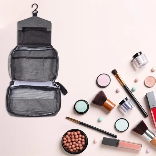 Miniatura 5 de PATIKIL Neceser de viaje, organizador de maquillaje portátil, bolsa de aseo impermeable con gancho para colgar para hombres y mujeres, Gris