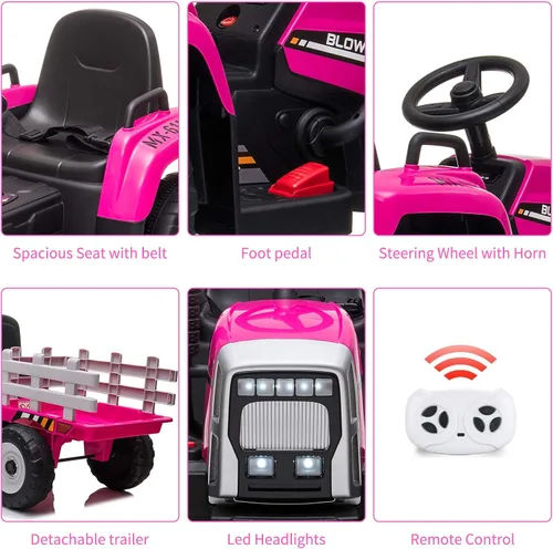 Miniatura 2 de Tractor Eléctrico de 12V con Batería para Niños con Remolque, Carro Montable para Niños Pequeños con Control Remoto/7 Faros LED/Cambio de Marchas