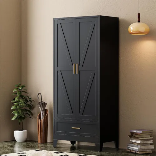 Miniatura 4 de COFaR Armario moderno de metal negro, armario de acero de 71 pulgadas de alto con cajón, barra para colgar y estante ajustable, armario
