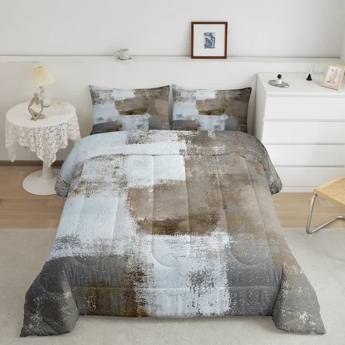 Erosebridal Juego de Edredón de Acuarela Queen, Inserto de Edredón Ombre Marrón Grunge Blanco para Adultos Cálido, Juego de Ropa de Cama de Arte de