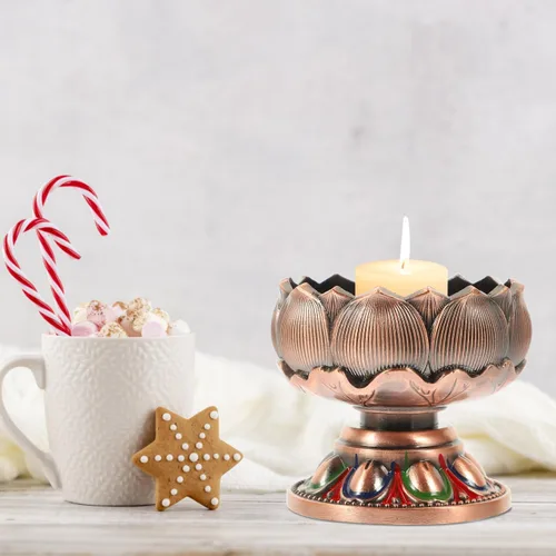 Miniatura 2 de Vaguelly Portavelas de cobre con forma de loto, soporte de luz de té de budismo, lámpara decorativa de mantequilla para el hogar y el salón de Buda