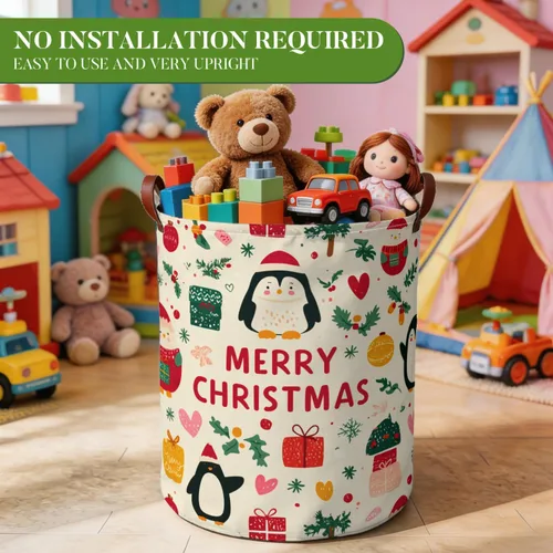 Miniatura 7 de Cesta de lavandería de 15.75 x 15.75 x 19.7 pulgadas, diseño de pingüino de Navidad, plegable, con asas, almacenamiento de ropa sucia