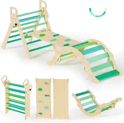 BlueWood Conjunto de Triángulo Pikler, Juguetes de Escalada de Madera para Niños Pequeños para Interiores 7 en 1 Escalador Plegable para Niños,