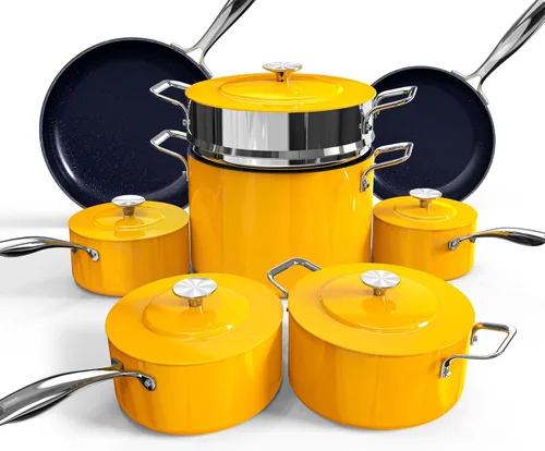 Nuwave Lux - Juego de utensilios de cocina ligeros forjados de 13 piezas, sin PFAS, revestimiento de cerámica saludable G10 Duralon, ultra Dorado