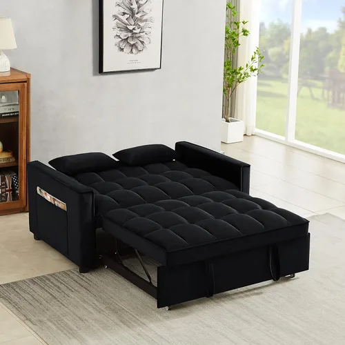 Miniatura 9 de Sofá cama biplaza de terciopelo convertible y moderno con cama desplegable, respaldo ajustable y 2 almohadas lumbares, para espacios pequeños