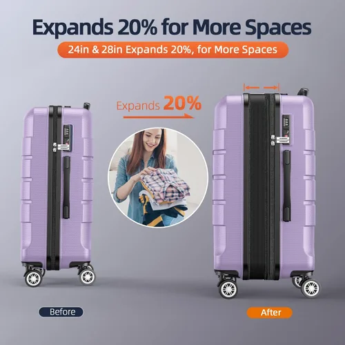 Miniatura 5 de SHOWKOO Equipaje Sets Expandible PC+ABS Durable Maleta Doble Ruedas TSA Lock 3pcs, Púrpura lavanda, Juegos de equipaje Hardsie