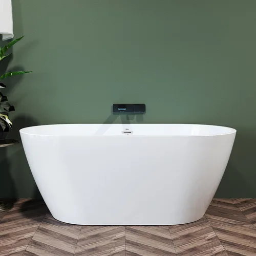 Miniatura 30 de FerdY 59" Bañera de acrílico independiente Bali Elite, bañera independiente de inmersión con forma elegante, certificada cUPC, desagüe negro Toe-Tap