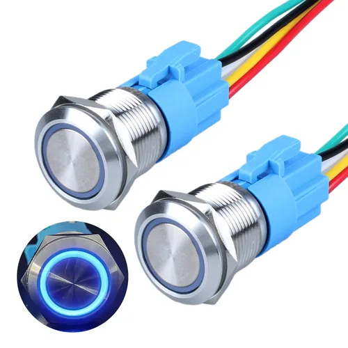 Miniatura 8 de 2 interruptores de botón de bloqueo de 0.748 in de 12 V-24 V, anillo de CC LED 1NO 1NC impermeable botón de metal negro encendido apagado