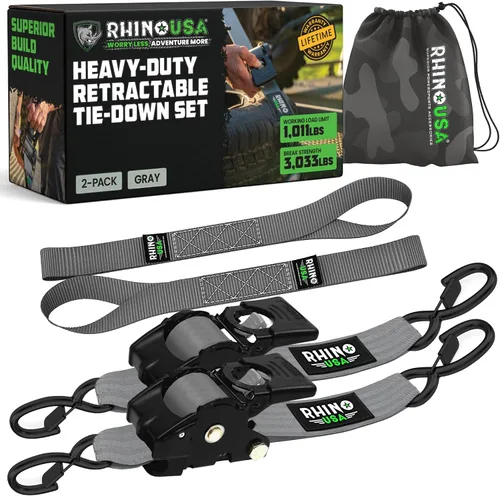 Miniatura 12 de Rhino USA Correas de carraca retráctiles (paquete de 2) - 2 pulgadas x 3 metros (1,376 kg de fuerza de rotura) - Correas de amarre auto-retractiles