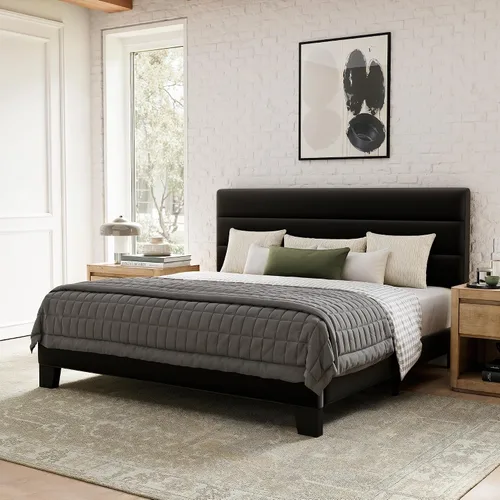 Miniatura 12 de GOLDORO Base de cama de plataforma de tamaño individual con cabecera tapizada, soporte de listones de madera, no necesita somier, fácil montaje