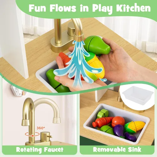 Miniatura 3 de Costzon Cocina de juego para niños, juego de cocina Little Chef con microondas, estufas, pomos de rotación, dispensador de hielo, grifo, fregadero